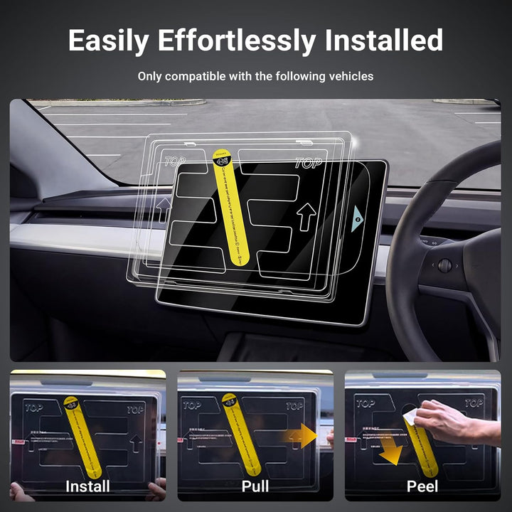 The MobileTechnica Tesla Model Y Juniper 2025-2026 Matte Tempered Glass Screen Protector (2-pack) features an easy install guide—just "Install," "Pull," and "Peel"—shown on the dashboard display; compatible only with select vehicles.