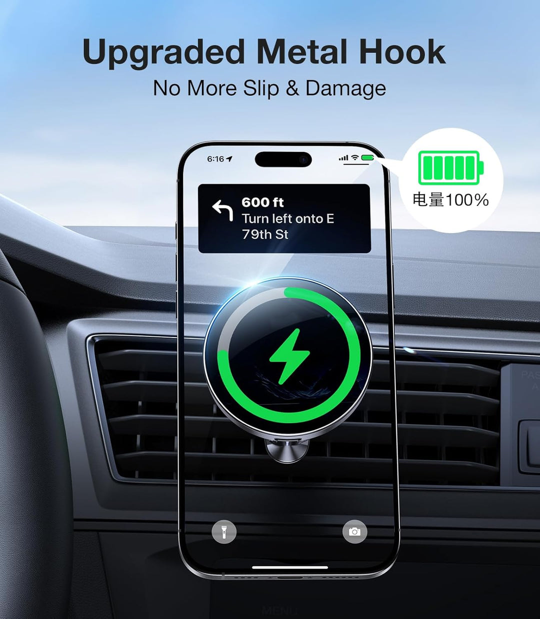 A MobileTechnica for MagSafe Car Mount Charger holds an iPhone on a vent, showing navigation and a 100% charged green battery. Text above says, "Upgraded Metal Hook, No More Slip & Damage." Chinese "battery" characters appear near the magnetic phone holder.