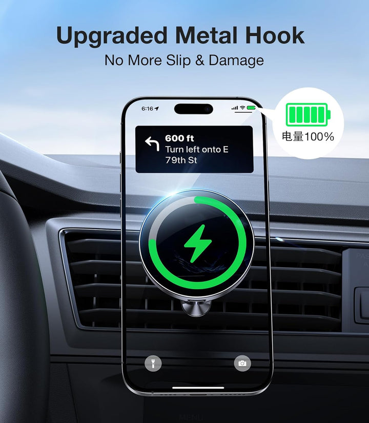 A MobileTechnica for MagSafe Car Mount Charger holds an iPhone on a vent, showing navigation and a 100% charged green battery. Text above says, "Upgraded Metal Hook, No More Slip & Damage." Chinese "battery" characters appear near the magnetic phone holder.