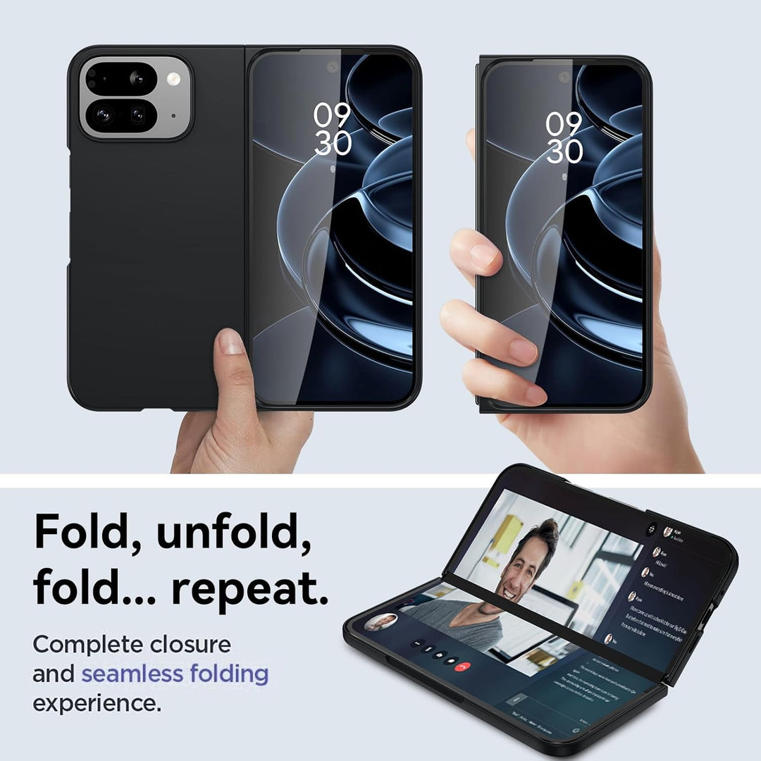 Two hands hold a Google Pixel 10 Pro Fold—one closed, one half-open, and fully open below with video call and apps. Premium background highlights text: "Fold, unfold, fold… repeat." Protected by MobileTechnica's DUEDUE Case with screen protector.