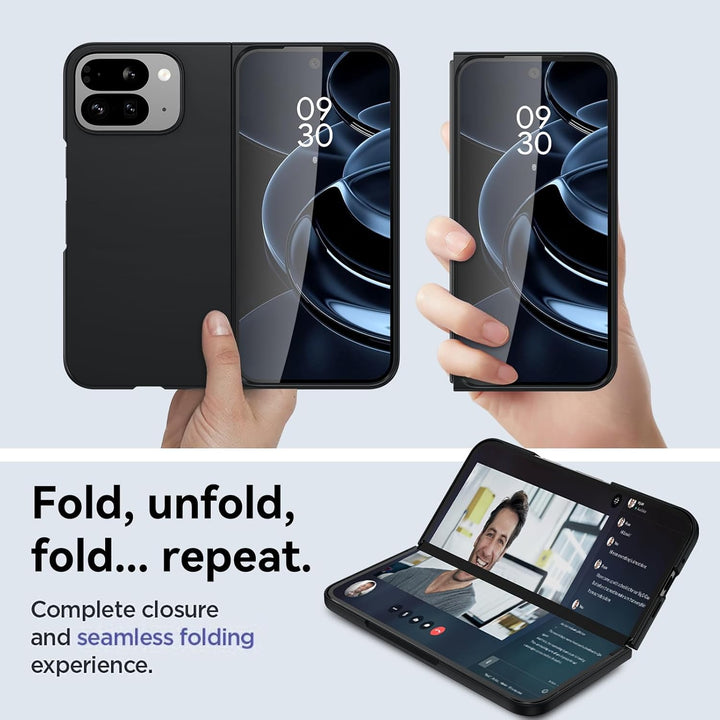 Two hands hold a Google Pixel 10 Pro Fold—one closed, one half-open, and fully open below with video call and apps. Premium background highlights text: "Fold, unfold, fold… repeat." Protected by MobileTechnica's DUEDUE Case with screen protector.