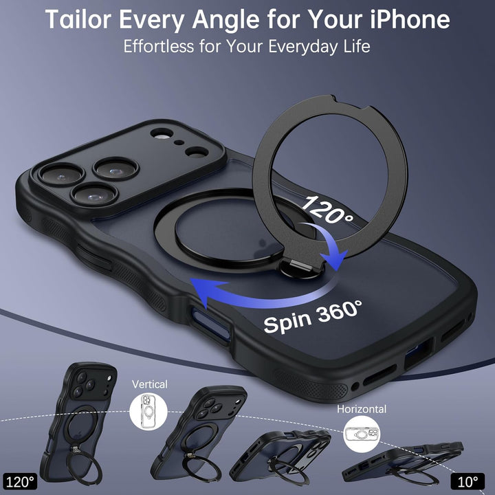 Telaso Case for iPhone 17 Pro Max, Compatible with Magsafe 360° Rotatable Ring Stand Wavy Frame Slim Translucent Matte Cover Magnetic Shockproof Skin-Friendly Phone Case for iPhone 17 Pro Max, Black
