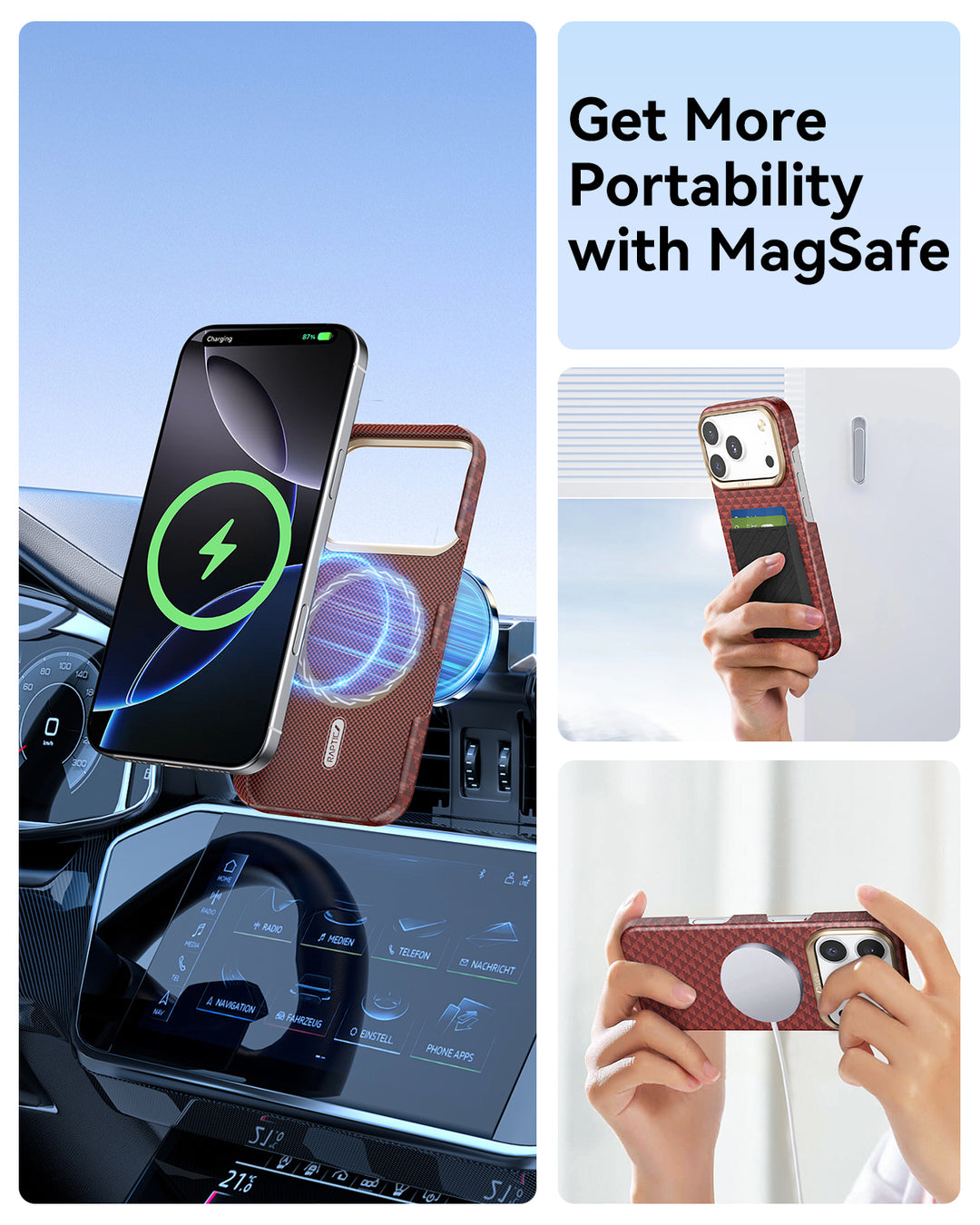 The Raptic iPhone 17 Aramid Fibre Case - Raptic Skin-Origin offers ultra-slim protection, magnetically attaching to MagSafe car mounts, wallets, and gaming accessories. Text: “Get More Portability with MagSafe.”.
