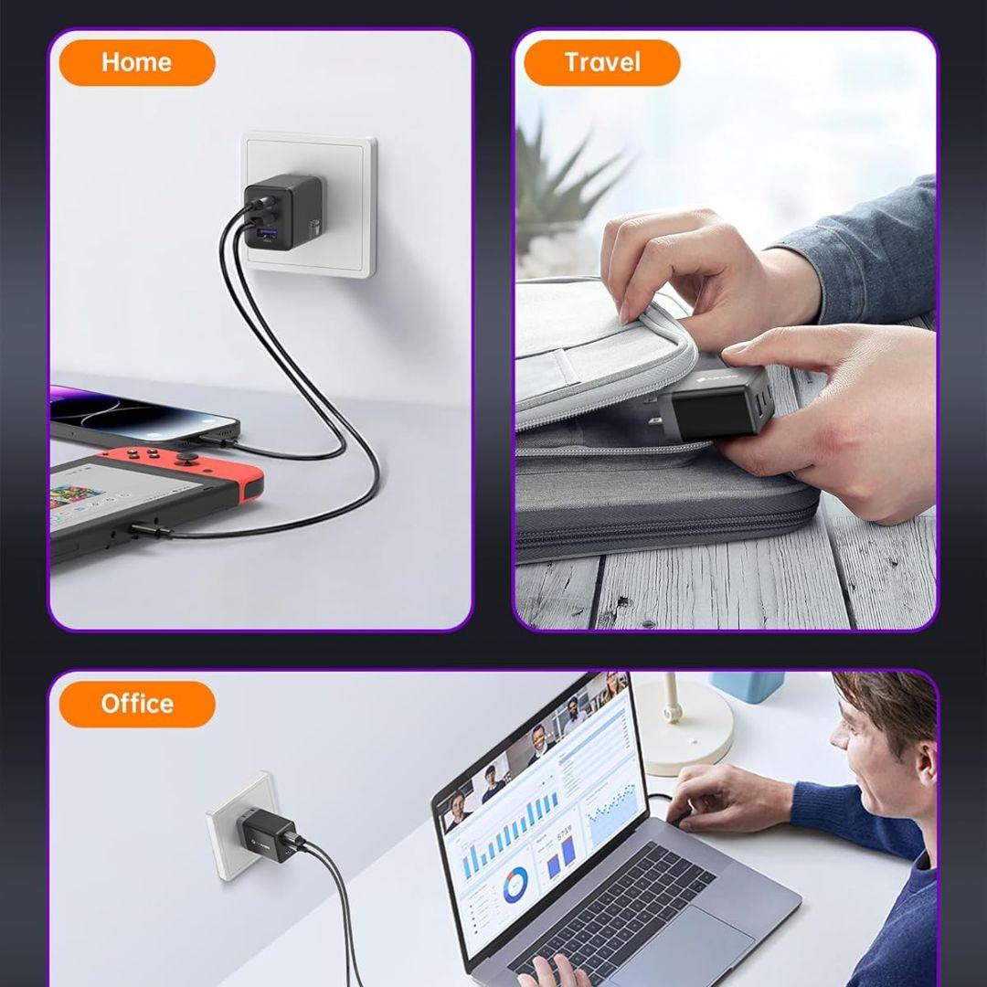 A three-part image shows: the Novoo 67W GaN iii Wall Charger powering devices at home, being packed for travel, and used in an office while working on a laptop with graphs.
