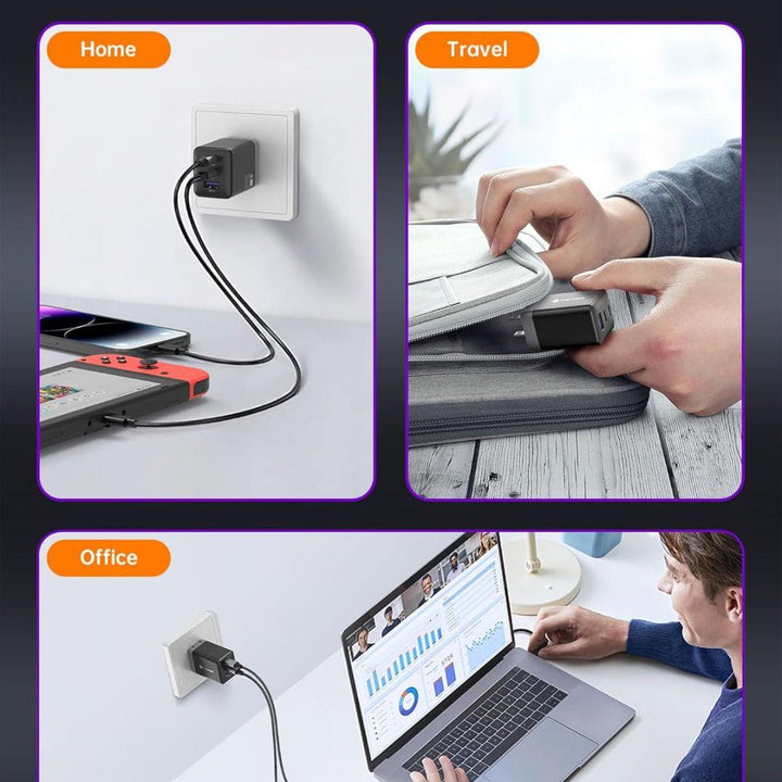 A three-part image shows: the Novoo 67W GaN iii Wall Charger powering devices at home, being packed for travel, and used in an office while working on a laptop with graphs.