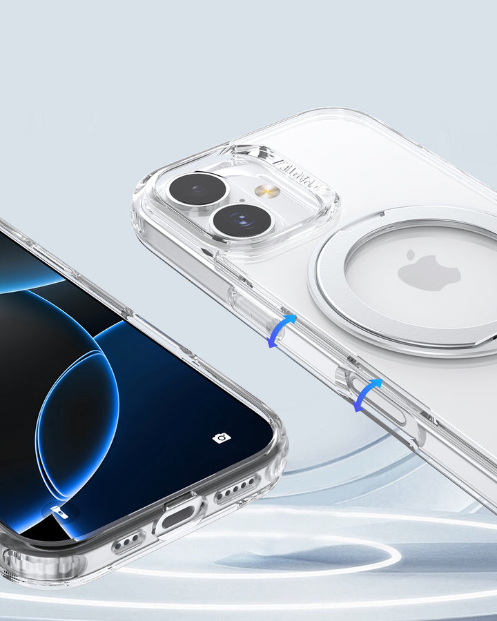 A close-up shows two iPhones in Raptic Air Stand Magnetic Kickstand Cases. One phone displays its lit screen, while the other reveals dual cameras, the Apple logo, and a MagSafe ring visible through the transparent Raptic case.