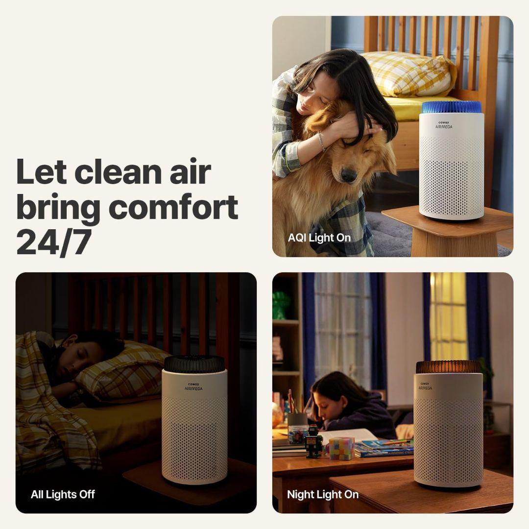 A collage shows a woman with a dog, a child sleeping in darkness, and kids studying—each with the MobileTechnica Coway Airmega 50 Portable Air Purifier’s light settings labeled. Text: “Let clean air bring comfort 24/7.”.