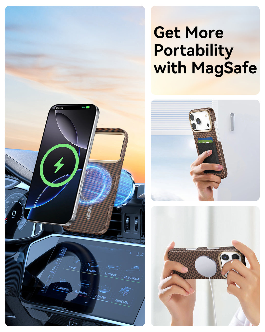 A collage displays the Raptic iPhone 17 Aramid Fibre Case—ultra-slim, MagSafe-compatible, and brown textured—shown mounted in a car, hand-held, and with a pop-out grip. Text: “Get More Portability with MagSafe.”.