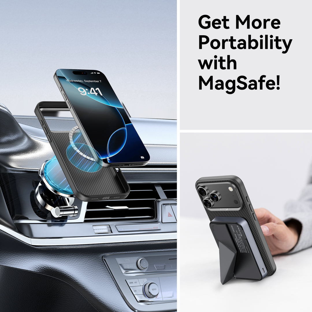 The Raptic Aramid 600D case for iPhone 17 securely attaches to a car vent mount or foldable wallet stand using MagSafe. Left: the phone nears the mount; right: it's held with the wallet. Text: “Get More Portability with MagSafe!”.