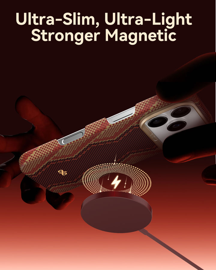 A hand holds an iPhone 17 with the Raptic Skin-Origin aramid fibre case near a wireless magnetic charger emitting energy rings. Above, bold light text on a brown gradient reads: "Ultra-Slim, Ultra-Light, Stronger Magnetic.