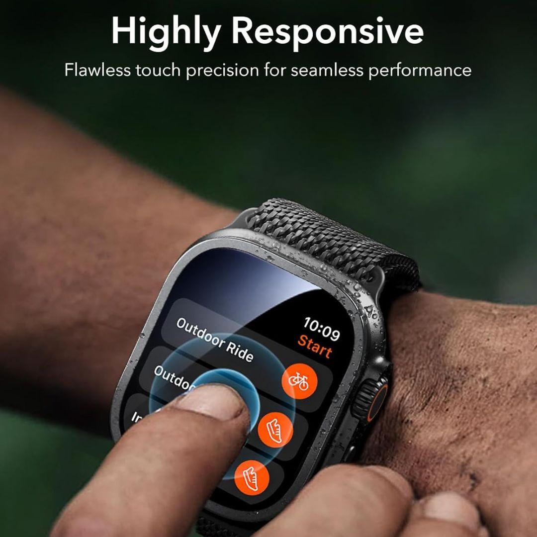 A person taps “Outdoor Ride” on a smartwatch with the ESR Amorite Screen Protector for Apple Watch Ultra 2/1 Black, enjoying flawless touch precision and edge-to-edge protection from ESR.