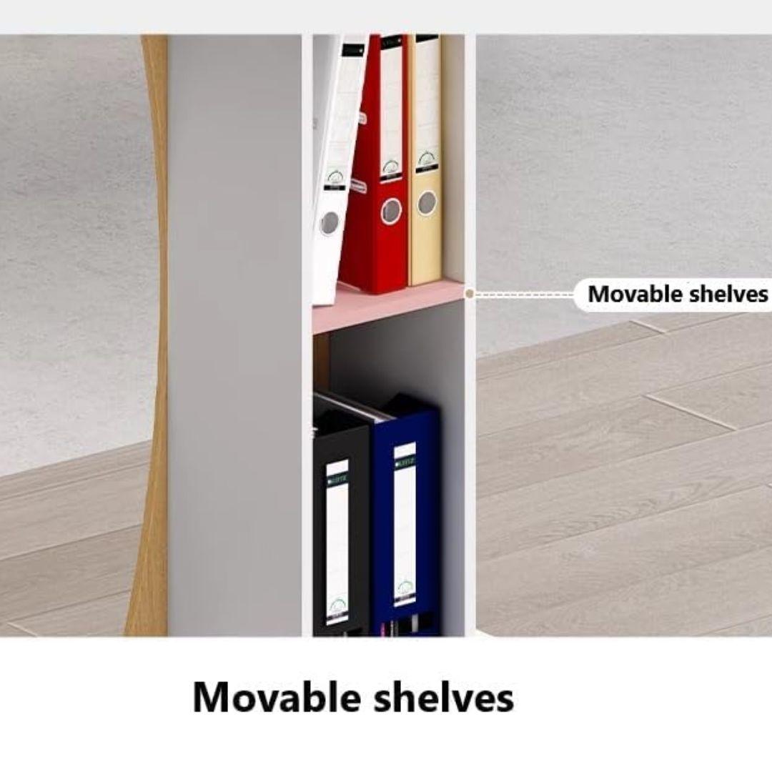 A close-up of the MobileTechnica Podium Lecturn Rolling Stand shows its adjustable storage shelves, ideal for lectures or presentations. The unit’s shelf is labeled “Movable shelves” for versatility and stands on a light wood floor.