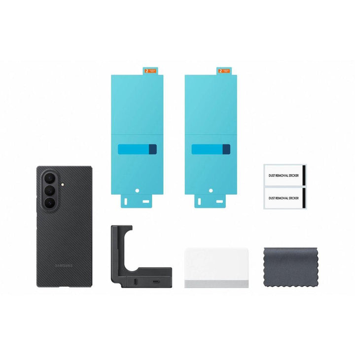 Flat lay of the Samsung Galaxy Fold 7 Carbon Shield Case, two blue screen protectors, dust removal stickers, a black L-shaped tool, cleaning cloth, and a white card—all neatly arranged on a white surface for slim protection.