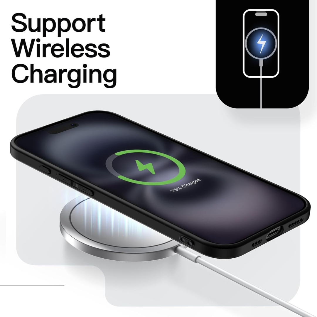 A smartphone sits on a round wireless charging pad with a cable, its screen showing a green symbol and "72% Charged." Text reads “Support Wireless Charging”—ideal for your JETech Slim iPhone 16 case by JETech.