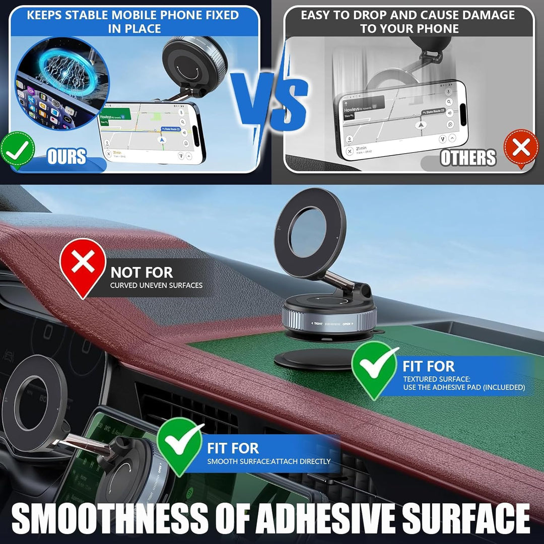 A comparison graphic in a carousel container: Top left, “MobileTechnica” protector stays secure; top right, “others” allow cracks. Bottom shows the Tesla Model Y Juniper 2025-2026 Tempered Glass Screen Protector (matte) on a dashboard—fits smooth or textured surfaces only.