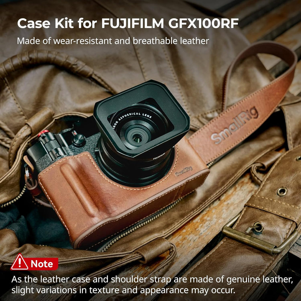 A FUJIFILM GFX100RF sits in the SmallRig GFX100RF Leather Case Kit (Brown) with leather case, black thumb pad, shoulder strap, and concave shutter button cap; genuine leather color variations may occur.