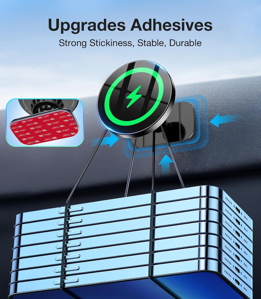 MobileTechnica for MagSafe Car Mount Charger—15W fast charging, strong magnets, and 360° rotation—secures iPhone 16/15/14/13/12 to your dashboard or vent with upgraded adhesives for stable grip. Blue arrows show grip strength; phones stacked to demonstrate power.