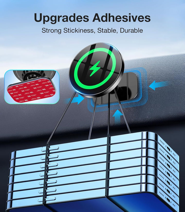 MobileTechnica for MagSafe Car Mount Charger—15W fast charging, strong magnets, and 360° rotation—secures iPhone 16/15/14/13/12 to your dashboard or vent with upgraded adhesives for stable grip. Blue arrows show grip strength; phones stacked to demonstrate power.