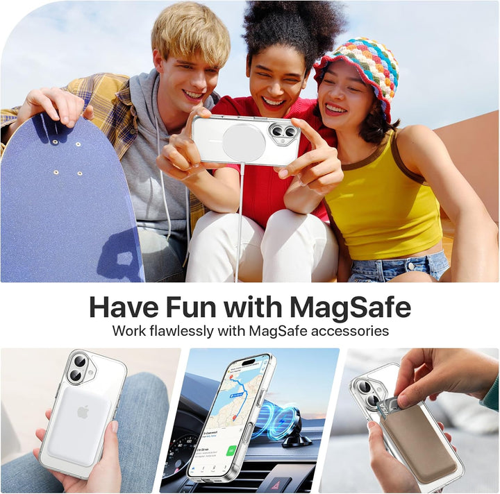 Three smiling young adults pose outdoors, holding an iPhone 16 with the MobileTechnica iPhone 16 Clear Case Ultra Thin. Images below show drop protection, GPS use in a car, and easy MagSafe accessory attachment—highlighting its top features.