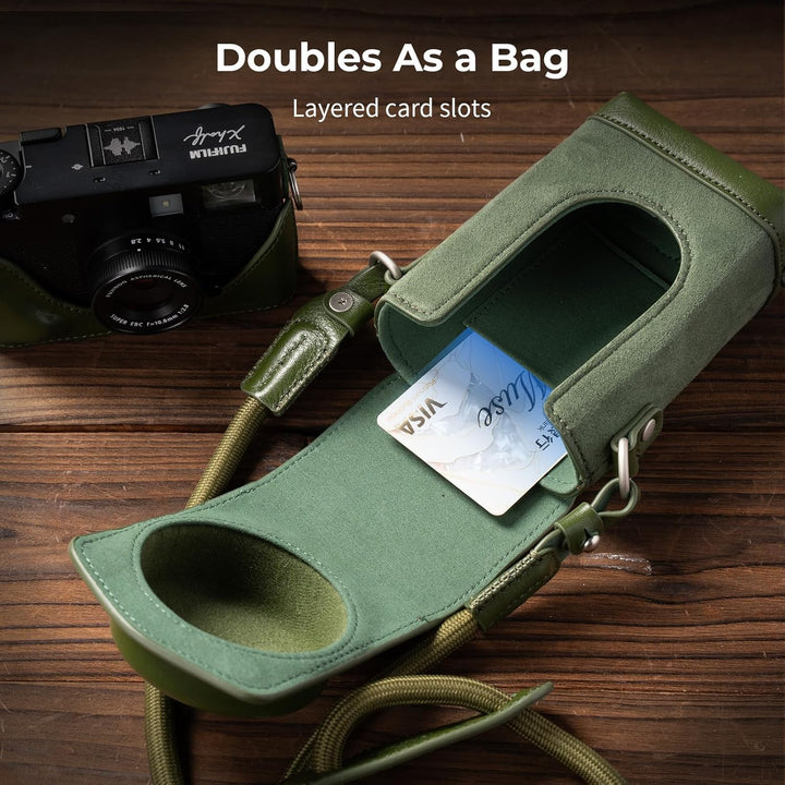 SMALLRIG Leather Case Kit for FUJIFILM X Half, Retro Style Full-Cover Carrying Bag with Half Leather Case, Built-in Card Pocket, Portable and Protecting with Woven Shoulder Strap (Green) - 5220