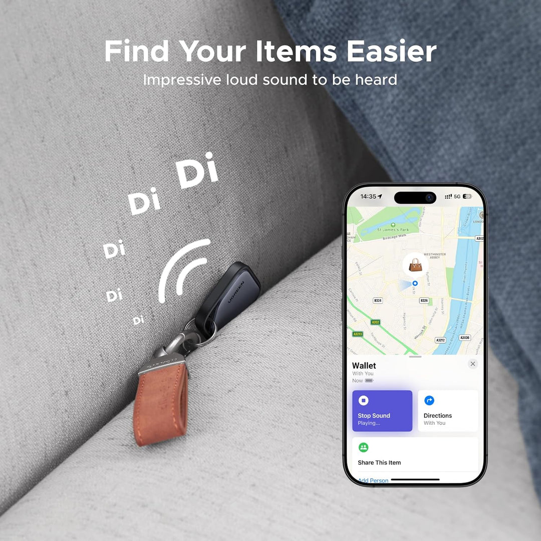 A set of keys with a brown leather strap is wedged in a gray couch. Sound waves and “Di Di” signal noise as a smartphone uses the UGREEN 2 Pack FineTrack Smart Finder Bluetooth Tracker Tag to locate them. Text: “Find Your Items Easier.”.