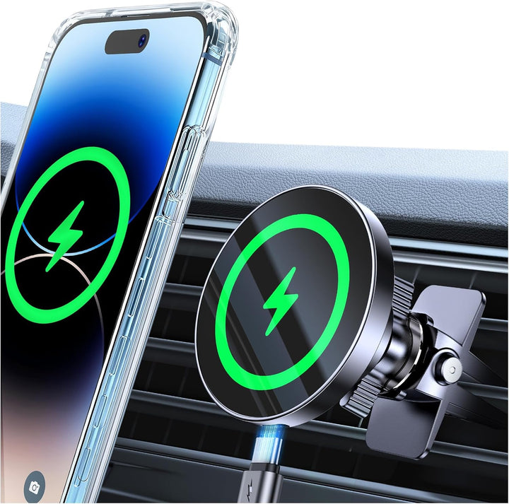 A smartphone is magnetically attached to the MobileTechnica for MagSafe Car Mount Charger on the air vent. The charger, featuring strong magnets, a glowing green light ring, 15W fast charging, and 360° rotation, has a cable plugged in for power.