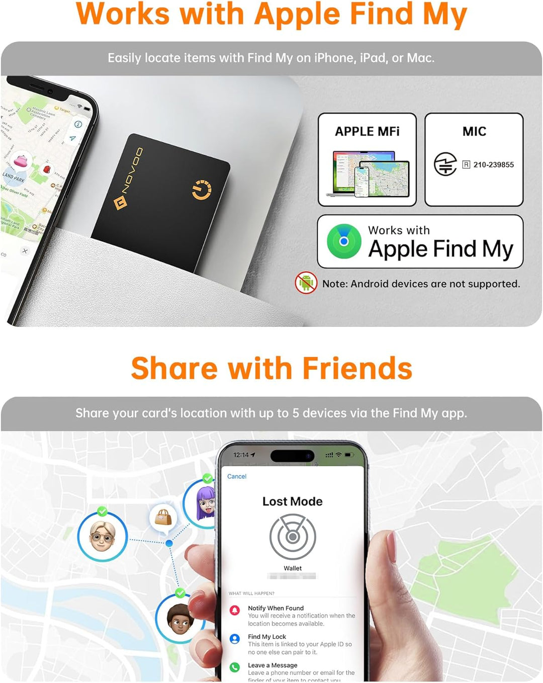 NOVOO Ultra-Slim Smart Card Bluetooth Tracker, 1.6mm Thin with 6-Year Battery, IP68 Waterproof GPS Item Finder, Apple Find My Compatible (iOS Only) Air Locator Tag for Wallet, Keys, Luggage, Passport