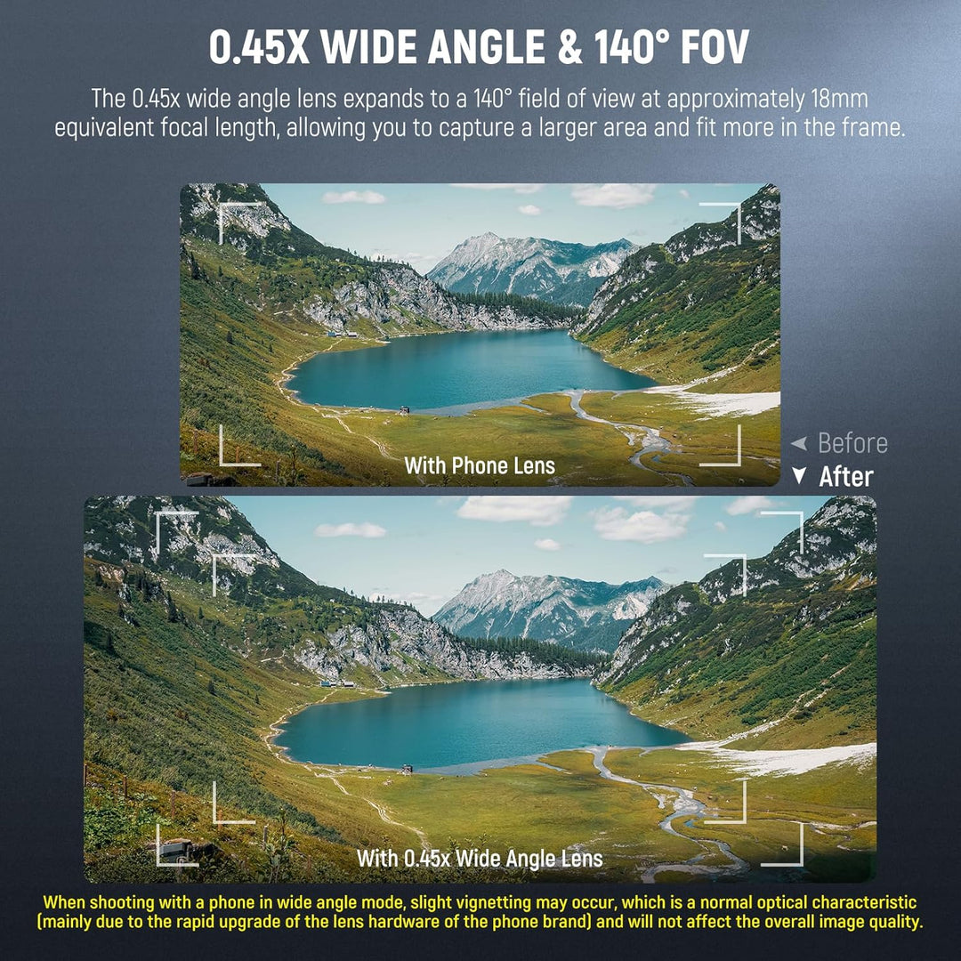 A comparison of two lake photos: the top, "With Phone Lens," is narrow; the bottom, "With Neewer 0.45x Wide Angle Lens" from the NEEWER Basics 2 in 1 Phone Camera Lens Kit, LS-67, reveals a wider view, showcasing the lens’s advantage.