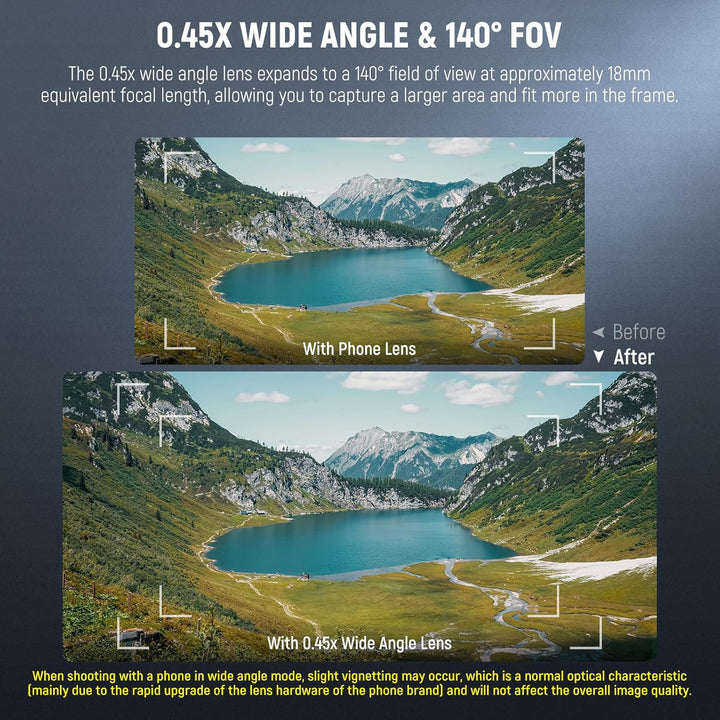 A comparison of two lake photos: the top, "With Phone Lens," is narrow; the bottom, "With Neewer 0.45x Wide Angle Lens" from the NEEWER Basics 2 in 1 Phone Camera Lens Kit, LS-67, reveals a wider view, showcasing the lens’s advantage.