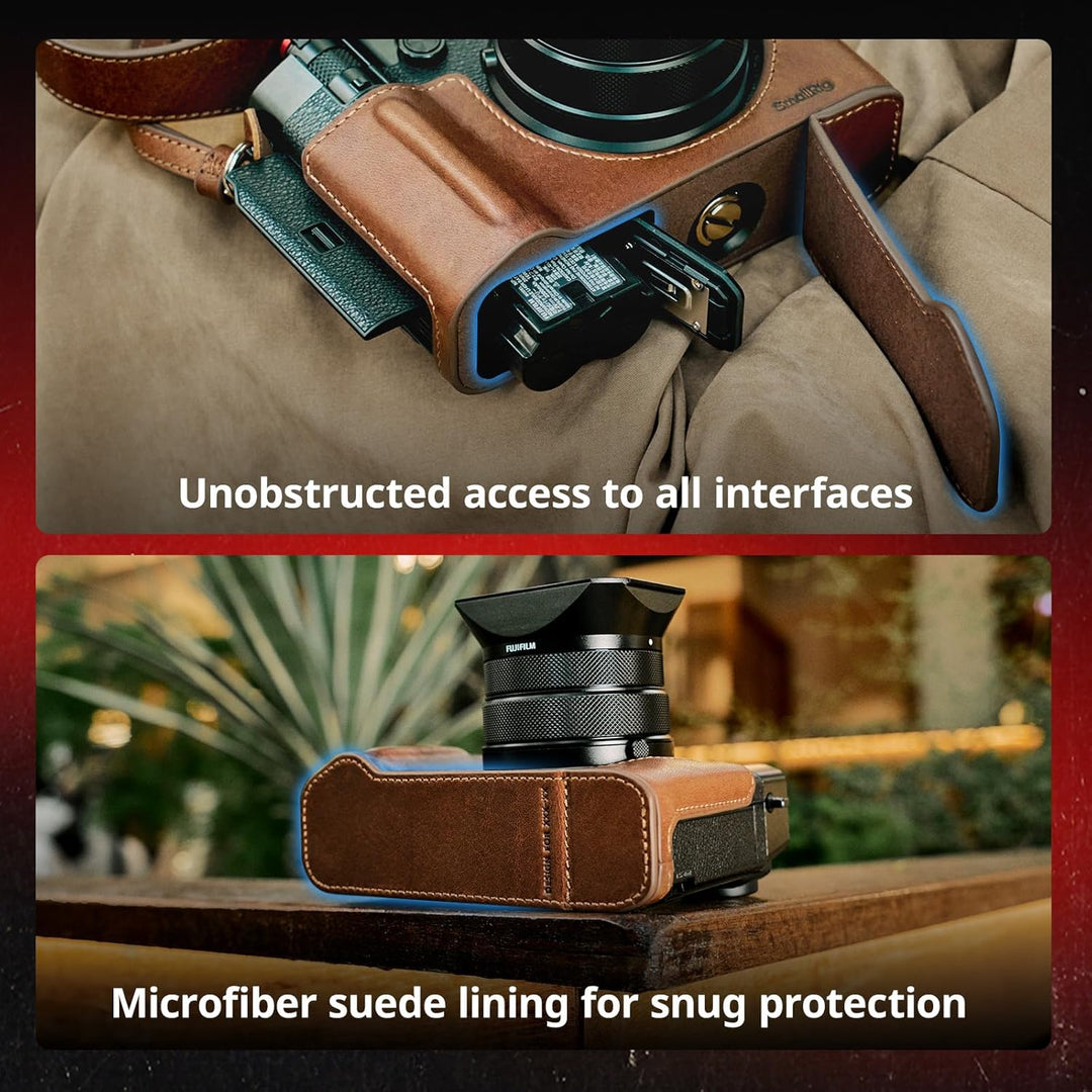 Two images show the SmallRig GFX100RF Leather Case Kit for FUJIFILM GFX100RF: one highlights open access to ports, cards, and the concave shutter button cap; the other shows an ergonomic grip and soft suede lining for vintage protection.
