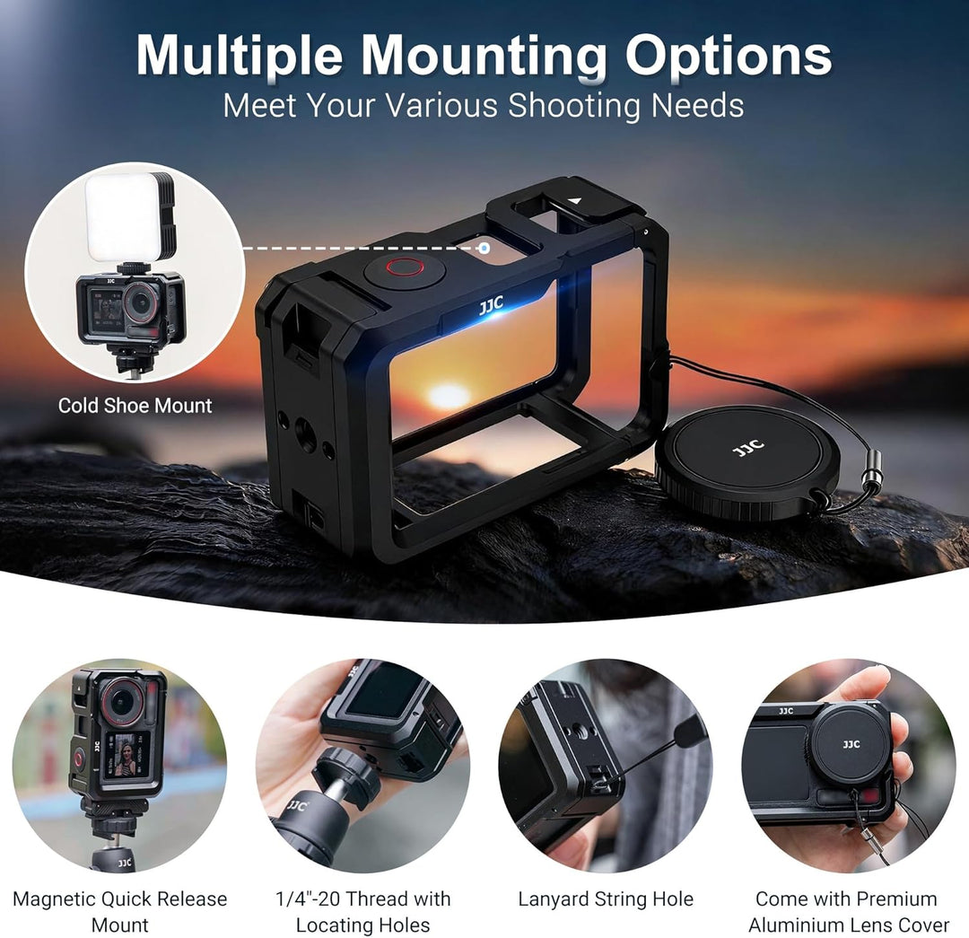 JJC Camera Cage for DJI Osmo Action 5 Pro 4 3, Aluminum Protective Frame with Cold Shoe, 1/4" Thread Hole, Metal Lens Cap & Lanyard, Housing Camera Expansion Protector Not Interfere with Battery Cap