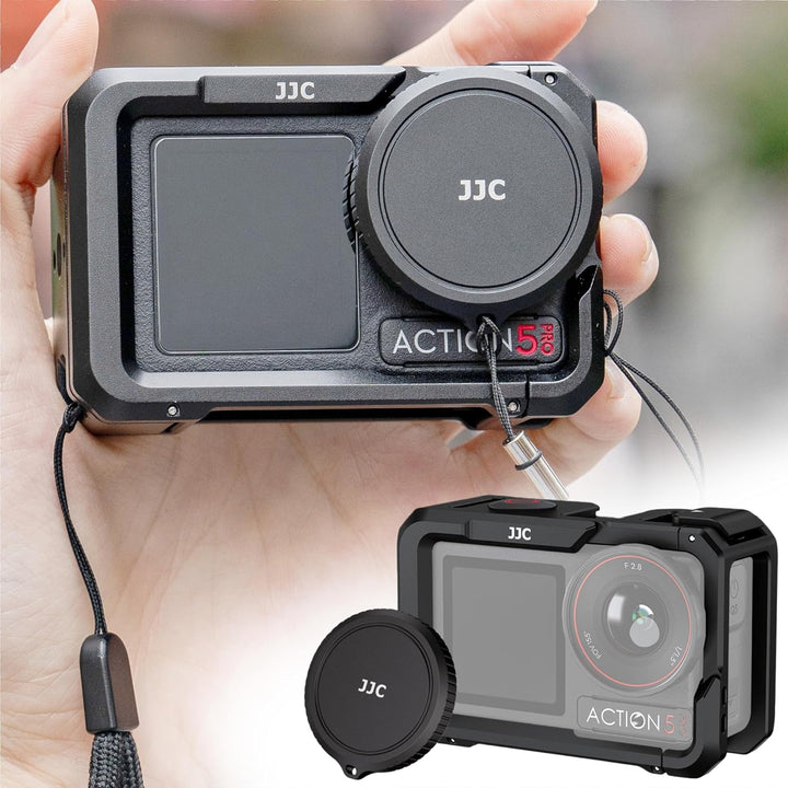 JJC Camera Cage for DJI Osmo Action 5 Pro 4 3, Aluminum Protective Frame with Cold Shoe, 1/4" Thread Hole, Metal Lens Cap & Lanyard, Housing Camera Expansion Protector Not Interfere with Battery Cap