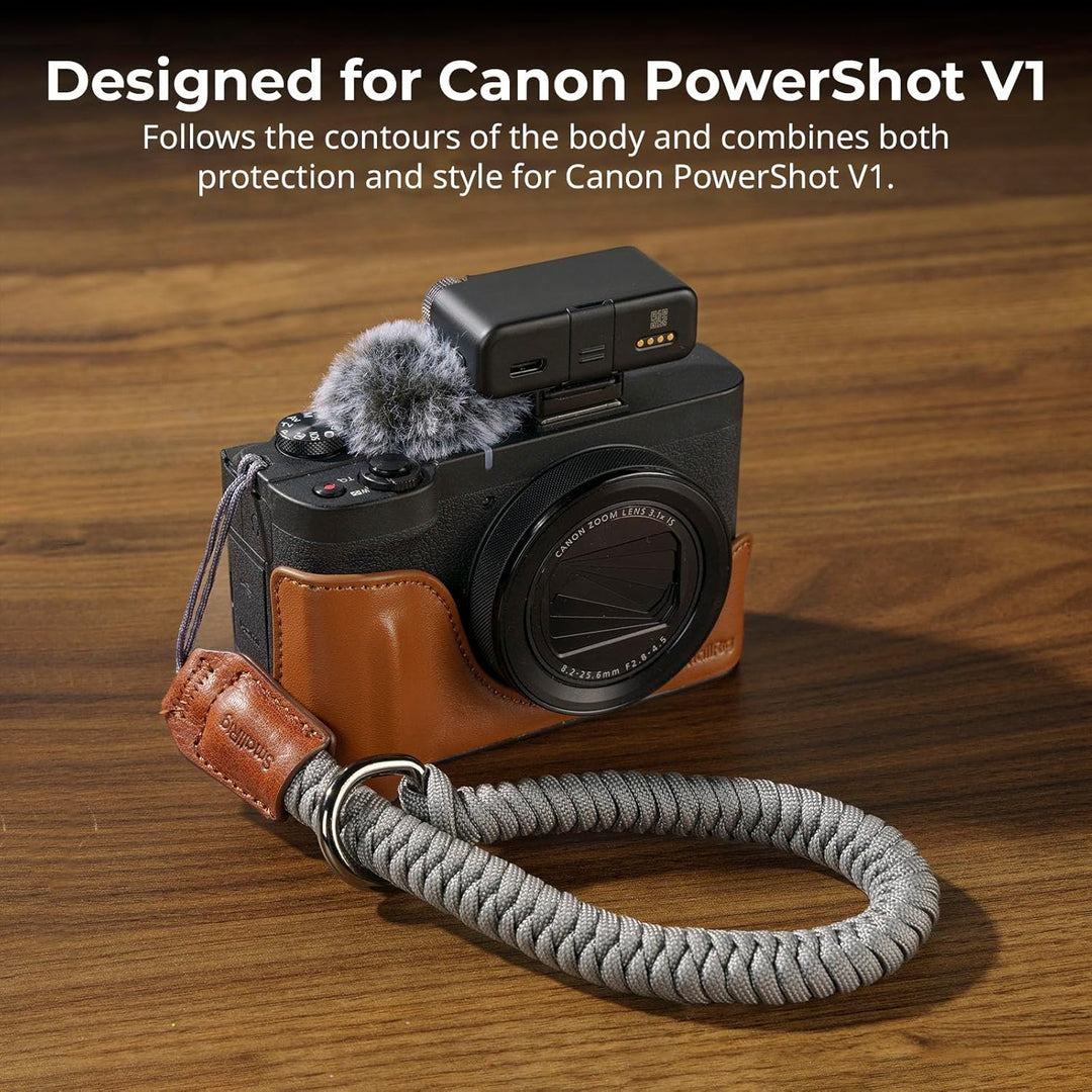SmallRig Leather Case Kit for Canon PowerShot V1, Including Half Leather Case, Flip Case Cover, Wrist Strap & Furry Windscreen, Portable and Protecting (Brown) -5385