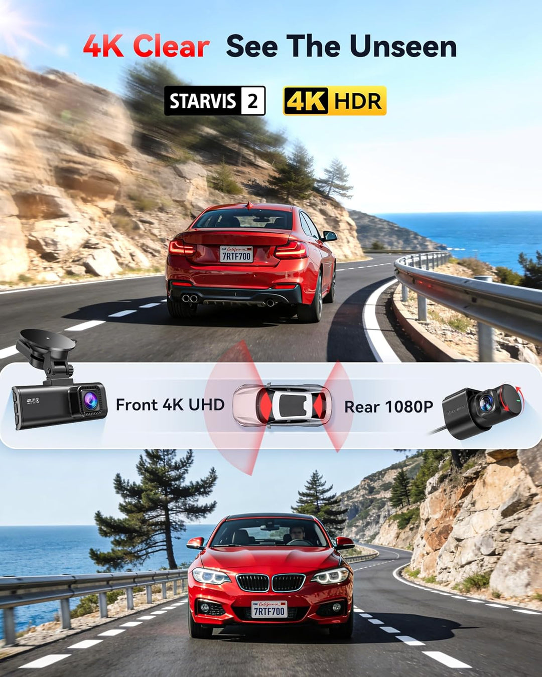 REDTIGER Dash Cam 4K Front and 1080P Rear, STARVIS 2 Sensor, 5GHz WiFi (20MB/s), GPS, WDR & HDR Night Vision, 170°Wide Angle, Loop Recording with Emergency Lock(SD Card Not Included)