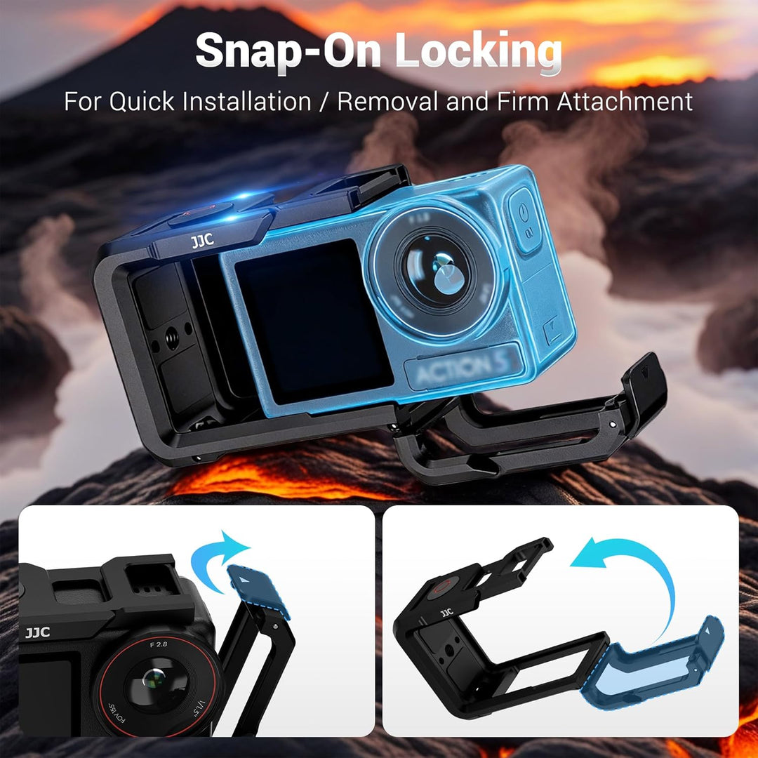JJC Camera Cage for DJI Osmo Action 5 Pro 4 3, Aluminum Protective Frame with Cold Shoe, 1/4" Thread Hole, Metal Lens Cap & Lanyard, Housing Camera Expansion Protector Not Interfere with Battery Cap