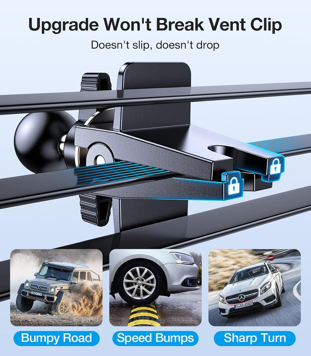 Close-up of MobileTechnica MagSafe Car Mount Charger with strong magnets and secure vent lock. Images below show stable 15W fast charging for iPhone 12–16 Pro Max, even over bumps and turns, thanks to its non-slip, durable 360° rotating design.