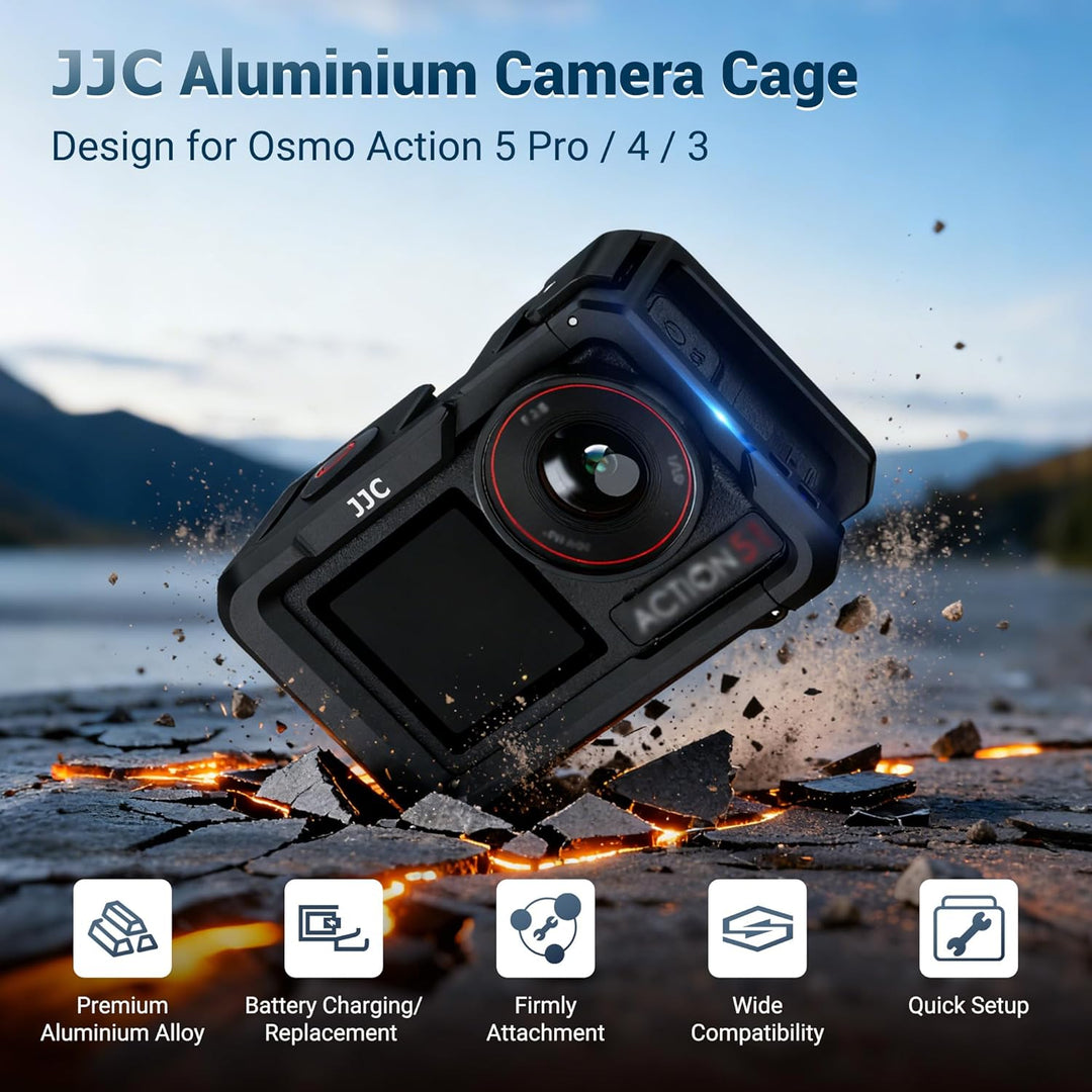 JJC Camera Cage for DJI Osmo Action 5 Pro 4 3, Aluminum Protective Frame with Cold Shoe, 1/4" Thread Hole, Metal Lens Cap & Lanyard, Housing Camera Expansion Protector Not Interfere with Battery Cap