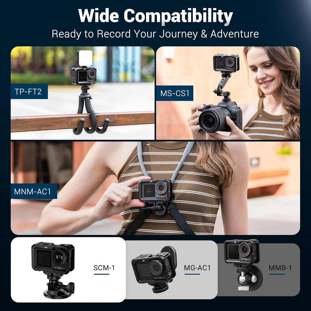 JJC Camera Cage for DJI Osmo Action 5 Pro 4 3, Aluminum Protective Frame with Cold Shoe, 1/4" Thread Hole, Metal Lens Cap & Lanyard, Housing Camera Expansion Protector Not Interfere with Battery Cap