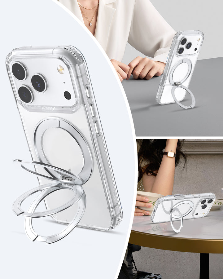 The Raptic Air Stand iPhone 17 Magnetic Kickstand Case features a clear, MagSafe-ready design with a built-in silver metal ring holder that doubles as a kickstand for hands-free viewing and secure grip.