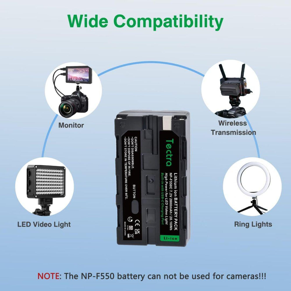 A MobileTechnica Tectra 2800mAh Battery for Sony NP-F550/F570/F970 (2-pack) is shown with arrows to compatible devices: monitor, wireless transmitter, LED video light, and ring light. Red note: Not suitable for cameras.
