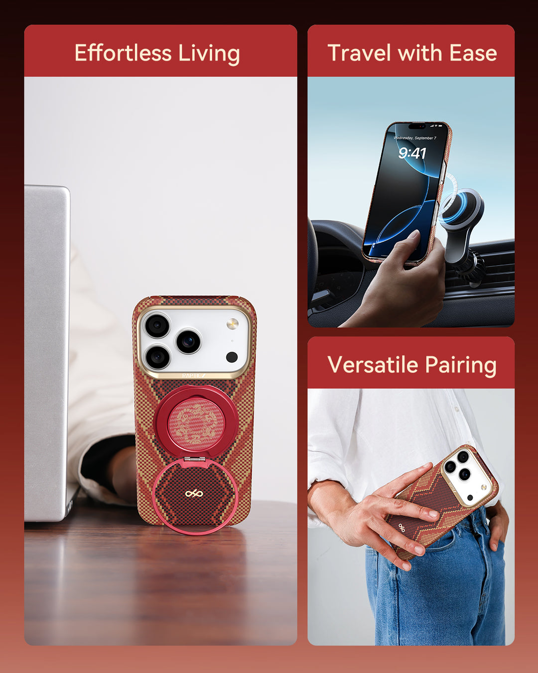 The Raptic Skin-Origin iPhone 17 Aramid Fibre Case is shown with a phone propped on a laptop, mounted in a car, and clipped to a belt—each scene labeled effortless living, travel with ease, and versatile pairing on bold red.