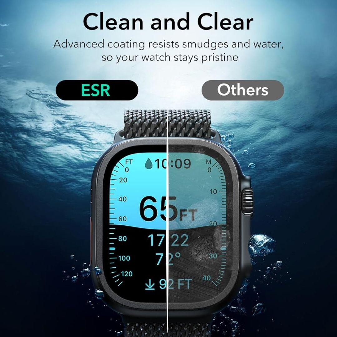 An Apple Watch Ultra 2/1 with the ESR Amorite Screen Protector is shown underwater—ESR's side stays crystal clear with edge-to-edge, smudge-free protection, while the “Others” side looks foggy and smudged.