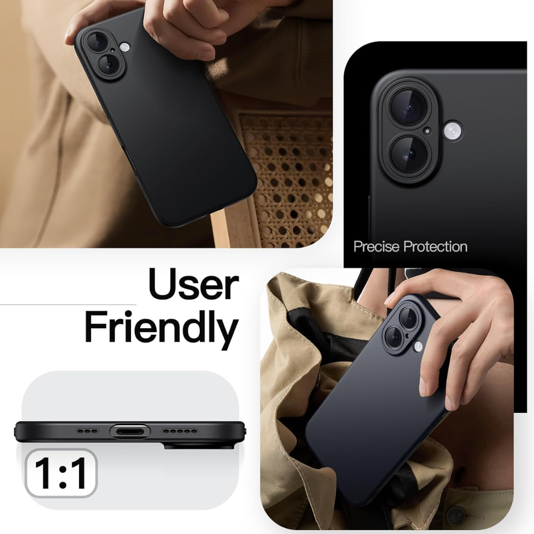 A collage advertises the JETech Slim iPhone 16 case. One image shows a hand holding the MagSafe-compatible case, another highlights its camera cutout labeled "Precise Protection", plus graphics for "1:1" cutout fit and "User Friendly," and someone bagging it.