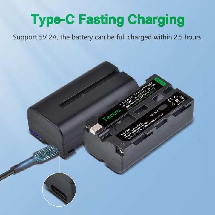 A MobileTechnica Tectra 2800mAh Battery for Sony NP-F550/F570/F970 (2-pack) is shown next to its charging dock, with a blue-tinted USB-C cable plugged in. “Type-C Fast Charging” delivers a full charge in just 2.5 hours.