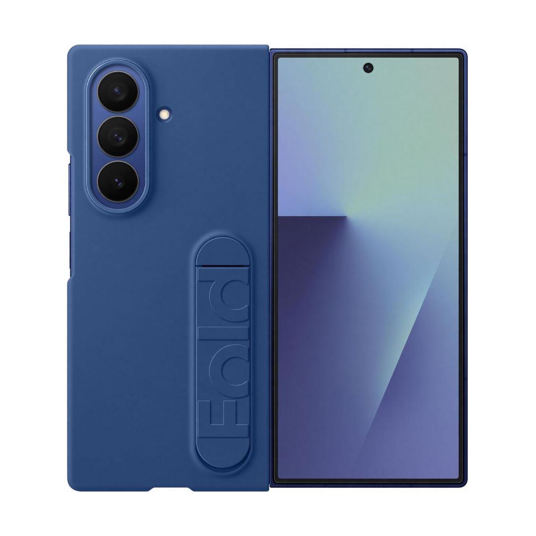 The Samsung Galaxy Fold 7 in a soft-touch silicone case offers slim, lightweight protection. Unfolded, it shows three vertical cameras left and the front display right. "Fold" is embossed vertically on the Samsung case.