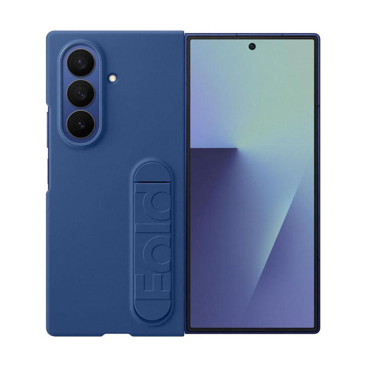 The Samsung Galaxy Fold 7 in a soft-touch silicone case offers slim, lightweight protection. Unfolded, it shows three vertical cameras left and the front display right. "Fold" is embossed vertically on the Samsung case.