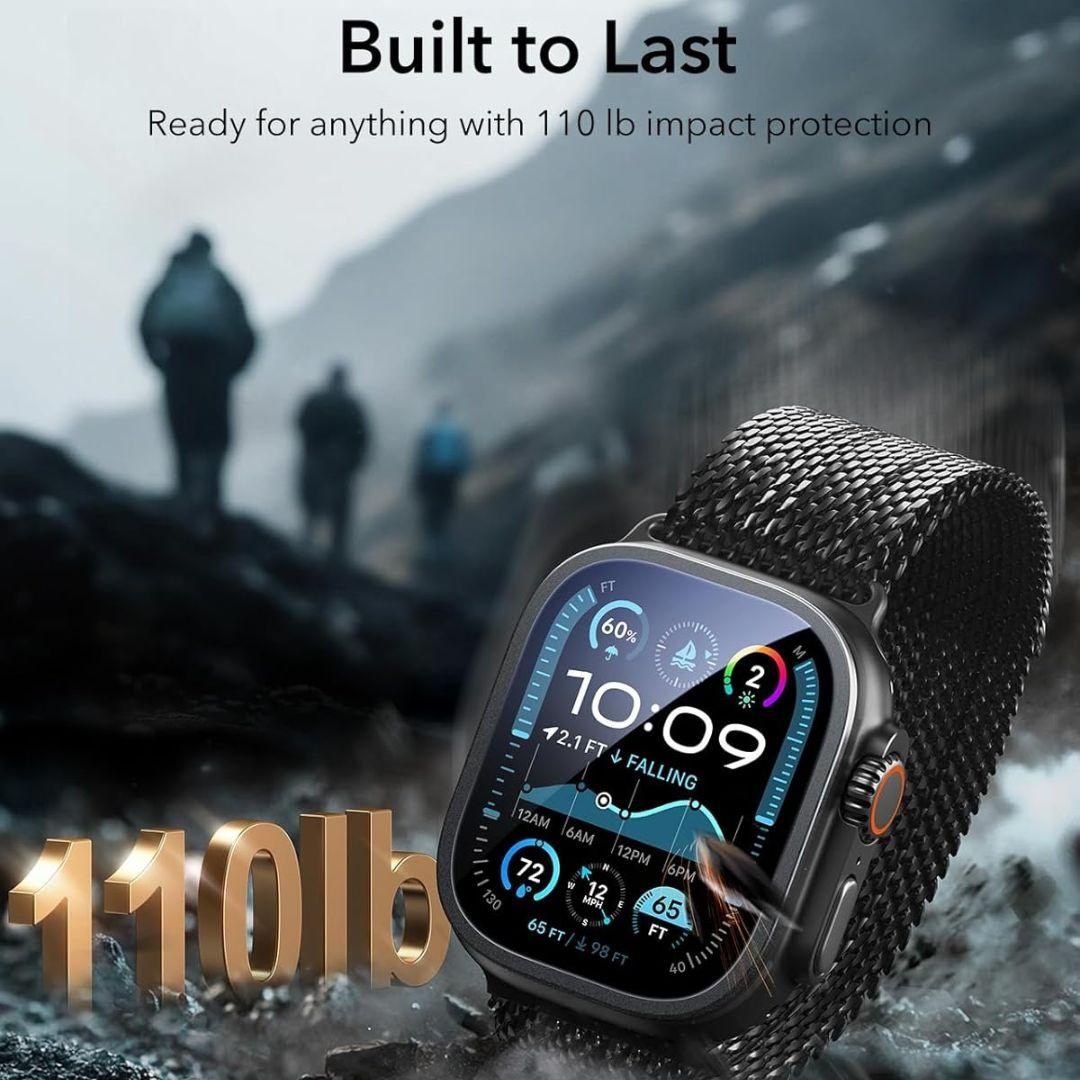 The ESR Armorite Screen Protector for Apple Watch Ultra 2/1 Black is shown on a rugged watch with a black woven band, vibrant app icons, and "110 lb" impact resistance, ready for adventure as hikers trek in the blurry background.