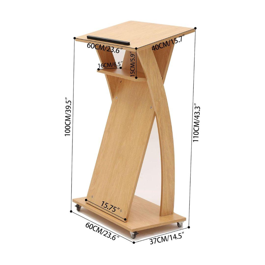The MobileTechnica Podium Lecturn Rolling Stand features a light wood, ergonomic, angled design with four small wheels, storage shelves, and dimensions of 100x60x40 cm; shelf: 16x35 cm; base: 60x37 cm; top: 60x40 cm.