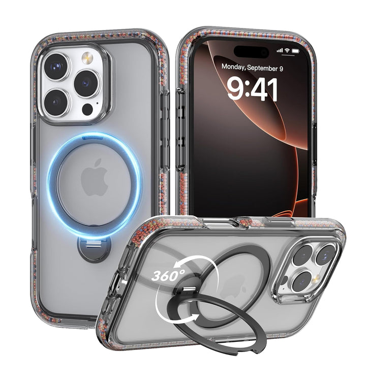 Two views of the Raptic AirJoy Beads with MagSafe for iPhone 16 Pro Max in a transparent case featuring air bumpers and a built-in metal ring stand. The screen displays the time, date, and apps, while the back shows a circular MagSafe component with a glowing blue outline and three rear camera lenses.