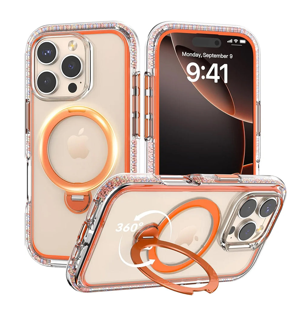 The Raptic AirJoy Beads with Magsafe for iPhone 16 Pro Max features a transparent design with orange accents and air bumpers, showcasing three views. It includes a circular metal ring on the back for grip, has shiny borders, and shows the date Monday, September 9, and time 9:41 on the screen.